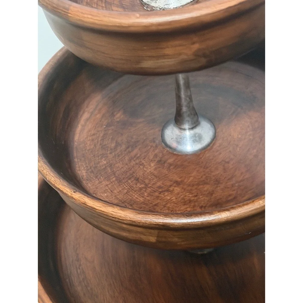 Pottery Barn 3 Tier Wooden Serving Stand Dark Wood Silver Metal Hardware Tray